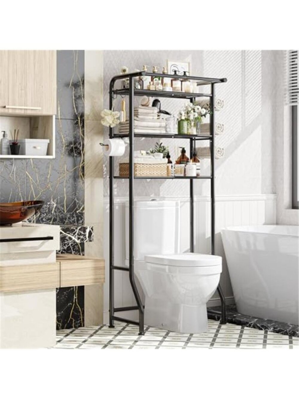 Over The Toilet Storage Cabinet,Metal Bathroom Shelf Organizer with Paper Holder